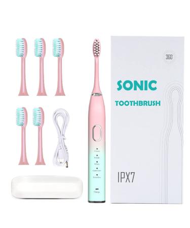 Sonic Electric Toothbrush for Adults- Rechargeable Smart Auto Brushing Teeth with 6 Brush Heads & Travel Case 5 Cleaning Modes Smart Timer - IPX7 Waterproof and 45000VPM Oral Cleaning Pink