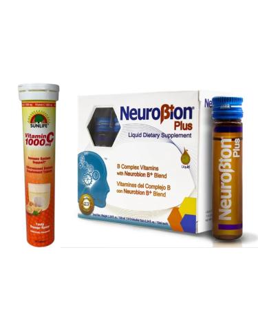 Neurobion Plus Liquid Dietary Supplement B Complex Vitamins Blend+ Sunlife Vitamin C 1000 mg 20 Tablets Orange Flavor Immune System Support Neurobion Plus Liquid + Sunlife Vitamin C