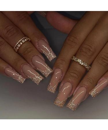 JUSTOTRY 24 Pcs Nude Coffin False Nails Long Gold Glitter French Press on Nails Patterns Pretty Ballerina Stick on Nails for Women Acrylic Fake Nails Medium with Glue for Nail Art glitter&gold 1