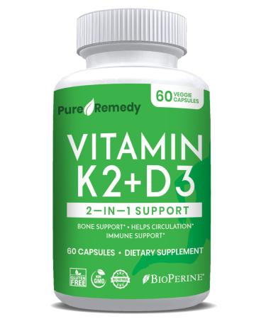 Vitamin K2 + D3 with Calcium & BioPerine - Vitamin D3 5000 IU (125mcg) - Vitamin K2 MK7 (100mcg) - Made in USA - Immune System Strong Bones & Teeth Support Supplement - 60 Veggie Softgels