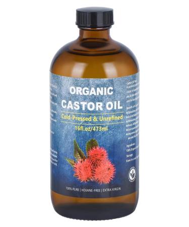 Castor Oil Organic Cold Pressed Unrefined Glass Bottle Organic Castor Oil for Face Hair Growth & Thicker Eyelashes 100% Pure and Hexane Free 16oz