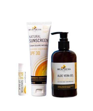 Bee by the Sea Natural sun care bundle | Broad Spectrum Reef Safe Mineral Sunscreen SPF 30 SPF Coconut Lip Balm and Aloe Vera Gel for after sun repair. All with Sea Buckthorn and Honey and essential oils for all skin types. | Paraben Free Cruelty Free Oxy