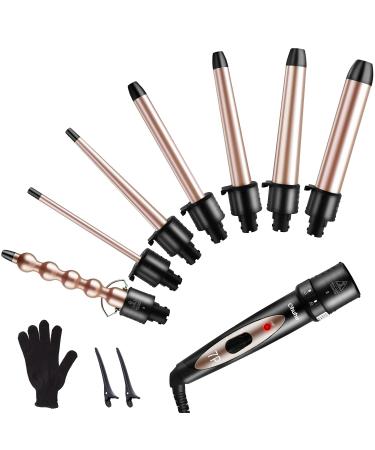 7 in 1 Curling Iron Wand Set  Ohuhu Upgrade Curling Wand with 7Pcs 0.35 to 1.25 Inch Interchangeable Ceramic Barrel and Heat Protective Glove  Dual Voltage Hair Curler  Rose Gold  Mother's Day Gifts