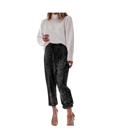 Duohropke sequins pants women glitter pants women high waist with elastic band cord strain sexy elegant stretch leisure pants party festive loose long pants for women l black