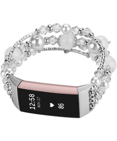 Jewelry Bands Compatible with Fitbit Charge 5 for Women Girls Handmade Elastic Beaded Pearl Replacement Fitness Accessories Handmade Smartwatch Waterproof Wristband  Silver Charge 5- Silver - Buy Online on GoSupps.com