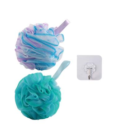 Ga-Geetopia Shower Bath Sponge - 2 Pack Shower Loofah Pouf Balls with Extra Wall Hook for Body Wash Bathroom Men Women, Durable Body Scrubber Exfoliator, Shower Essential Skin Care B02-Flower Purple