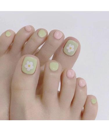 Decorative nail patch small fresh pink and green flowers with white toenails patch removable fake toenails and finished toenails.