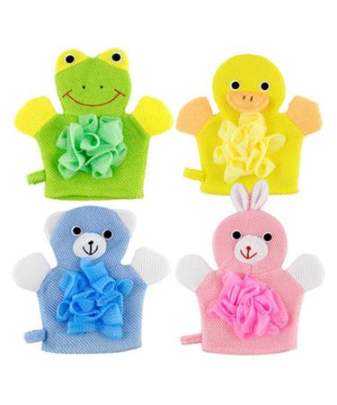 Mobestech 4Pcs Cartoon Children Bath Shower Gloves Bath Sponge Animal- Design Bathing Mitt Loofah Soft Wash Sponge Body Scrubber for Baby Toddler Kids