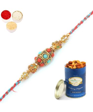 Ghasitaram Gifts Rakhi for Brother Rakhis Online - RM571 - Blue Ethnic Bracelet Rakhi with 100 GMS of Dryfruits Mix Can Rakhi Set with 100 gms of Dryfruits Mix Can