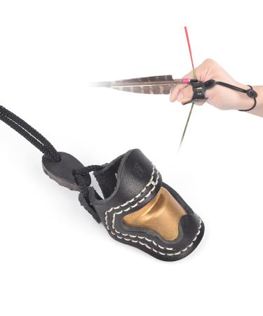 Elong soft leather & brass thumb protection Ming Guang archery thumb ring for traditional recurve arch finger protection protector shooting glove black