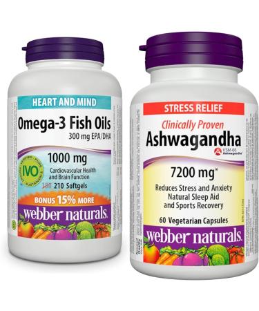 Webber Naturals Omega-3 Fish Oil 1 000 mg 210 Softgels Supports Cardiovascular Health and Brain & Ashwagandha 7200 mg 60 Capsules Organic and Clinically Proven KSM-66 Ashwagangha