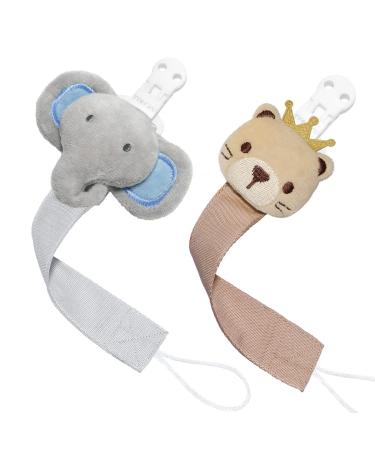 TYRY.HU Pacifier Clip for Baby 2 Pack Neutral Pacifier Holder Clip for Girls Boys Soft Webbing Soothie Binky Clips Fit All Pacifiers Cute Baby Birthday Christmas Gift (Elephant Bear) A: Grey Elephant Khaki Bear
