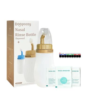Soft Tip Neti Pot Squeeze Bottle Nasal Wash Bottle Neti Pot Sinus Rinse Pressure Irrigation with Thermometer Sticker for Adult & Kid 300ml with 30 Nasal Wash Saline Packets (Golden)