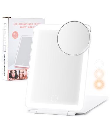 DTBG Travel Makeup Mirror with 10X Magnifying Vanity Mirror Dimmable 3 Color LED Light up Mirror USB Rechargeable Portable Foldable Ultra Slim Cosmetic Mirror Travel Essentials for Women(White)
