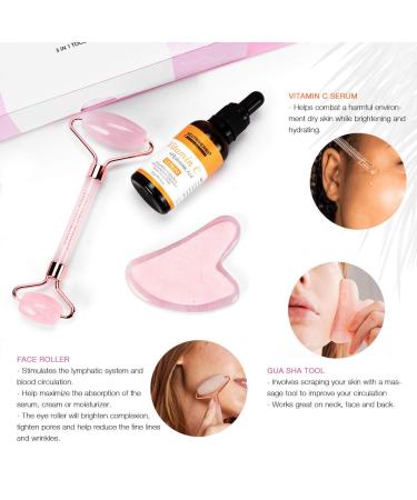 NEUTRIHERBS Jade Gua Sha & Face Roller & Vitamin C Serum Facial Tool Set(3 in 1 Kit) Home Face Massager for Wrinkle Fine Line Puffiness Firm Smooth Relax Skin -- Pink - Buy Online on GoSupps.com