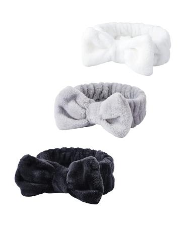 WSYUB Headband for Washing Face, Spa Headband, Bow Hair Band, Makeup Headband, Fluffy Makeup Headbands, Slumber Party Supplies, Facial Headbands Black White and Grey