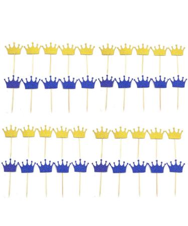 Royal Blue Prince Crown Glitter Gold Cupcake Toppers Picks for Wedding Birthday Baby Shower Boys' Party Decorations 40 PC Royal Blue Gold