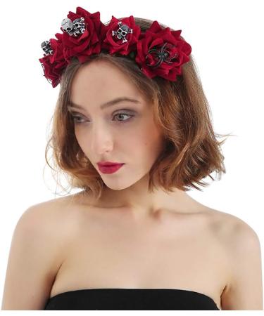 Halloween Rose Flower Headband Red Rose Flower Crown Festival Headband Hair Garland Rose Headpiece Reality Rose Floral Crown Garland Halo Flower Headpiece Rose Hair Wreath with Skull and Spider Prop - Buy Online on GoSupps.com