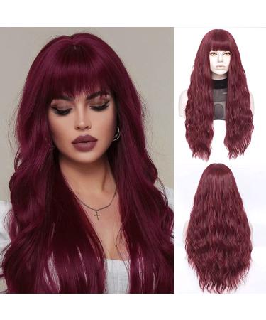 FVCENT 27 inch long curly women girls charming synthetic wig with bangs (burgundy)