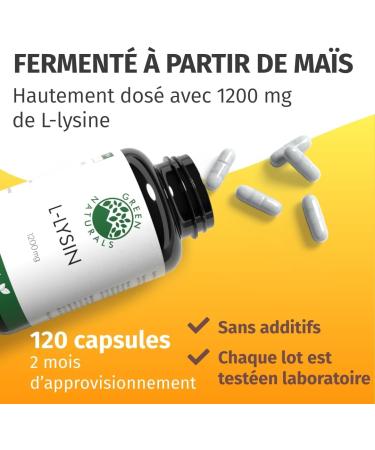 L-Lysine 1200mg - High Dose - 120 Capsules (2 Month Cure) - Fermented from Corn - 100% Natural Pure & Vegan - Supports Skin & Immune System - Buy Online on GoSupps.com
