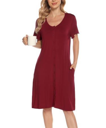 Lovasy Women's Nightdresses&Nightshirts Soft Nighties for Women Maternity nightdress Ladies Button Down Nightdress Nighties Nursing Labour Night Dress with Pockets Dark Red L