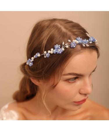 Blue Flower Rhinestone Wedding Headband | Handmade Pearl Bridal Hair Accessory - Buy Online on GoSupps.com