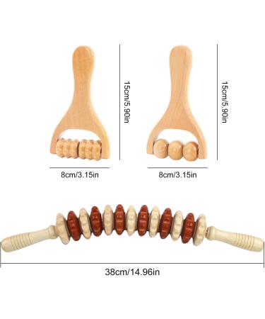 3PC Suuwwn Wooden Massager Set - Back Neck Leg & Body Massage Roller with Handle | Gua Sha Scraping Tool for Ultimate Relaxation - Buy Online on GoSupps.com