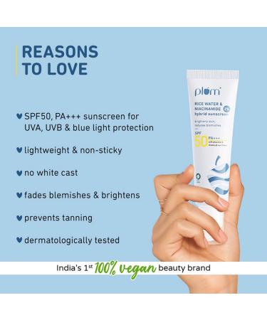 Plum 2% Niacinamide & Rice Water Hybrid Face Sunscreen with SPF 50 PA+++ | Protects & Brightens Skin | No White Cast | Reduces Blemishes | Non-Greasy | UVA & UVB Protection | All Skin Types | 50g - Buy Online on GoSupps.com