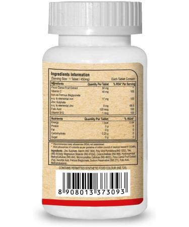Pure Nutrition Iron Supplement 450mg - 60 Veg Tabs with Vitamin C, B12, Folic Acid, and Zinc Sulphate - Non GMO & Gluten Free - Buy Online on GoSupps.com