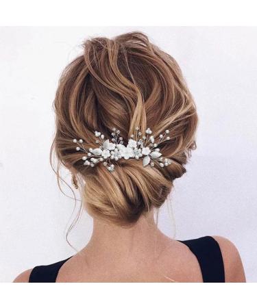 Handsess Bridal Wedding Flowers Hair Comb Silver Rhinestone Hairpieces Leaf Bridal Side Combs Pearl Wedding Hair Accessories for Women and Girls - Buy Online on GoSupps.com