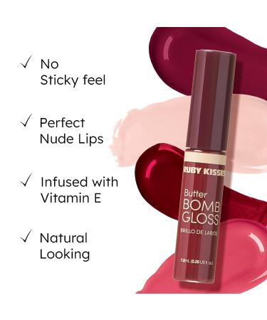 Ruby Kisses Butter Bomb Gloss - Natural Nude Lip Gloss with Vitamin E, Non-Sticky Lip Makeup - 7.8mL - Buy Online on GoSupps.com