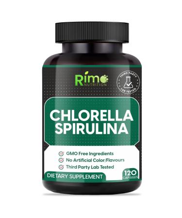 Rimo Nutrition Lab Tested Spirulina and Chlorella Capsules 1000 mg Per Serving- Purest Non-Irradiated Blue Green Algae - Best Raw Vegan Protein - Green Superfood