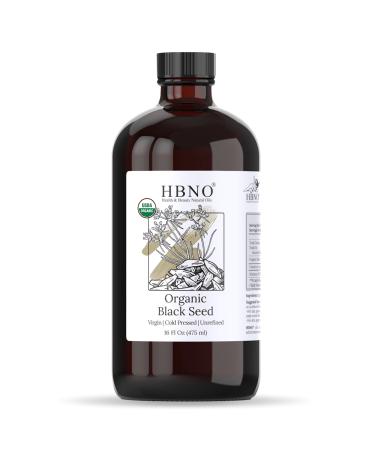 HBNO Organic Black Seed Oil - Huge 16 oz (475ml) Glass Bottle Value Size - USDA Certified Organic Black Seed Oil Cold Pressed for Face Body Lips Shampoo & Conditioner 16 Fl Oz (Pack of 1)