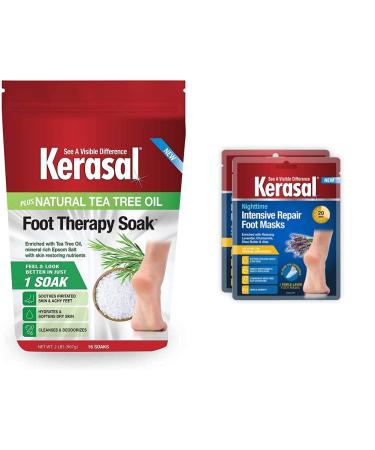 Kerasal Foot Therapy Soak, Foot Soak for Achy, Tired and Dry Feet, 2 lbs and Kerasal Nighttime Intensive Repair Foot Masks, Foot Mask for Cracked Heels and Dry Feet, Two Pairs Foot Soak + Foot Repair Mask