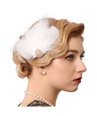 GENBREE 1920s Flapper Headband White Feather Hair Clip Gatsby Headpiece Prom Party Hair Accessories for Women and Girls Pattern 1