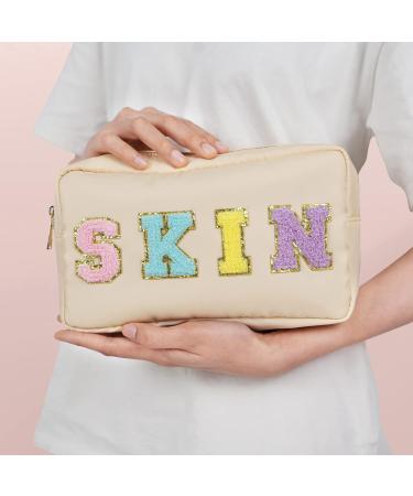 Chenille Letter Nylon Waterproof Makeup Bag for Women - Beige-Skin Travel Organizer Pouch for Toiletries and Cosmetics - Buy Online on GoSupps.com