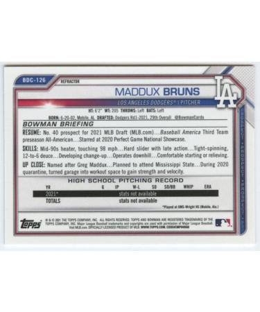 2021 Bowman Chrome Draft Refractor #BDC-126 Maddux Bruns RC Rookie Los Angeles Dodgers Baseball Card - Buy Online on GoSupps.com