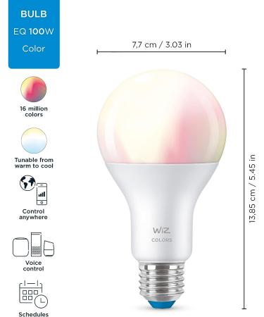WiZ Connected Color High Lumen 100W A21 Smart WiFi Light Bulb  16 Million Colors  Compatible with Alexa and Google Home Assistant  No Hub Required  1 Bulb A21 Color 1 Count (Pack of 1) - Buy Online on GoSupps.com