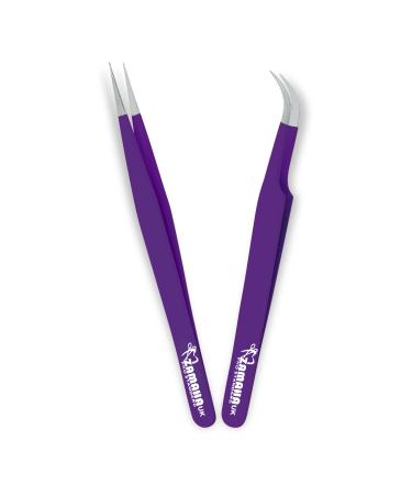 ZAMAHA UK Lash Eyelash Extension Tweezers Japanese Stainless Steel Tools Boot Shape Curved 3D 4D 6D Angled Tip Volume Tweezers Precision (Purple) (ZUK-LT-2PCS-PBP1)