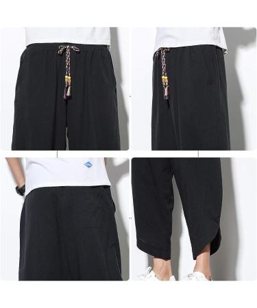 DOSLAVIDA Men's Casual Elastic Waist Linen Capri Pants Wide Leg Harem Yoga Trousers - Solid Black, Medium - Buy Online on GoSupps.com