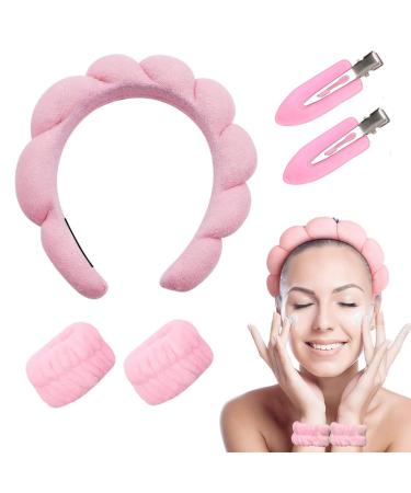 Spa Headband Wristbands and hairpin Terry Cloth Headband Soft Sponge Headband Makeup Headband Puffy Shower Hair Accessory for Skincare Face Washing Makeup Removal Shower Facial Mask(Pink)