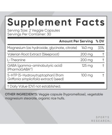 Sports Research Sleep Complex- Melatonin-Free Vegan Capsules - with Valerian Root GABA L-Theanine Magnesium & 5-HTP - 30 Servings 60 Count (Pack of 1) L-theanine Sleep Complex - Buy Online on GoSupps.com
