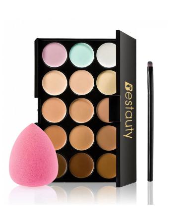 Concealer Palette mewmewcat 15 Colors Camouflage Concealer Palette Professional Contour Eyeshadow Face Cream Makeup Foundation Kit with Sponge Puff(Random Color)& Makeup Brush
