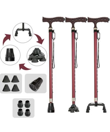 Foldable Walking Stick Teles Walking Stick with Lightweight Ergonomic Handle Crutches Aluminum Alloy Height Adjustable Mobility Aid for Elderly Non-Slip Base (Red 3) Journey