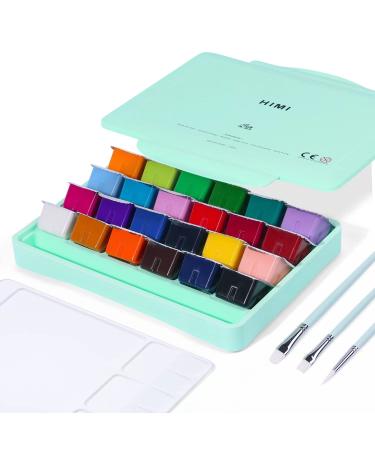 HIMI Gouache Paint Set 24 Colors x 30ml Unique Jelly Cup Design with 3 Paint Brushes and a Palette in a Carrying Case Perfect for Artists Students Gouache Opaque Watercolor Painting (Green)