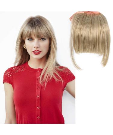 LEEONS Bangs Clip in Hair Extensions Front Neat Bang Fringe One Piece 6" Short Straight Hairpiece for Women Dark Ash Brown mix with Bleach Blonde(18/613#) #18/613