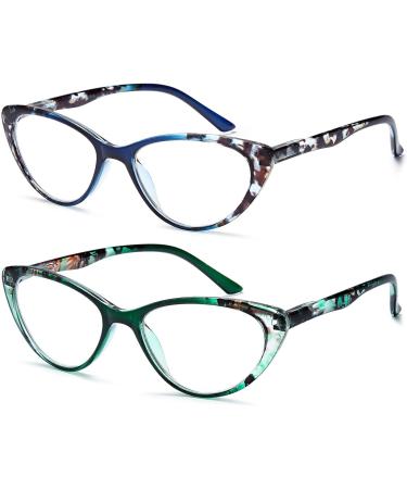 Women's Cat Eye Blue Light Blocking Reading Glasses 2 Pack +2.0 Magnification - Stylish Anti-Eyestrain UV Protection Readers - Blue+Green - Buy Online on GoSupps.com