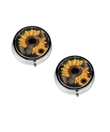 (Butterflies and Sunflowers) Round Pill Box 3 Compartment Pill Box Mini Decorative Pocket Purse Portable Travel Medicine Tablet Vitamin Holder Organizer Pill Case
