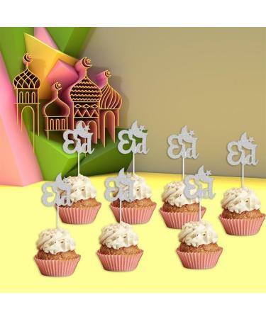Eid Mubarak Cupcake Toppers 20pcs Glitter Star Moon Eid Cupcake Toppers Eid Mubarak Cake Topper for Eid Party Muffin Cake Decor Silver - Buy Online on GoSupps.com