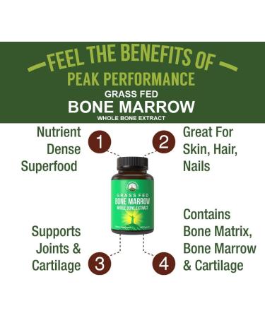 Grass Fed Bone Marrow Supplement - 180 Capsules by Peak Performance | Rich in Collagen, Vitamins, Amino Acids | Ancestral Superfood Pills from Bone Matrix, Marrow, Cartilage - Buy Online on GoSupps.com